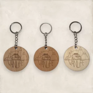 Porte-clés personnalisé gravé médaille bois Vanlife Montagne